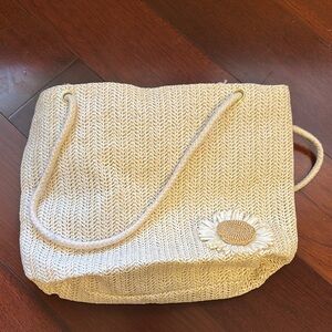 Cream Woven Tote Bag with Floral Accent